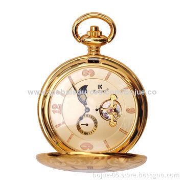 Retro Gold Cover Skeleton Unique Automatic Mechanical Pendant Men's Pocket Watch, OEM Order Welcomed